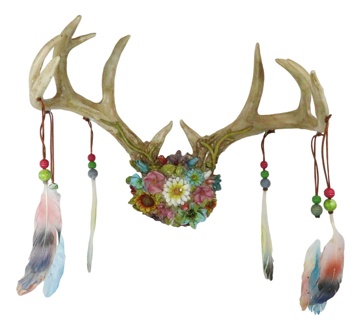 Rustic 12 Point Stag Deer Antlers Flowers And Feathers Rack Wall Hooks Plaque