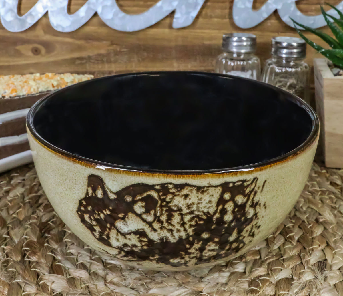 Pack Of 2 Rustic Western Forest Gray Wolf Ceramic Pasta Salad Soup Bowls 21Oz