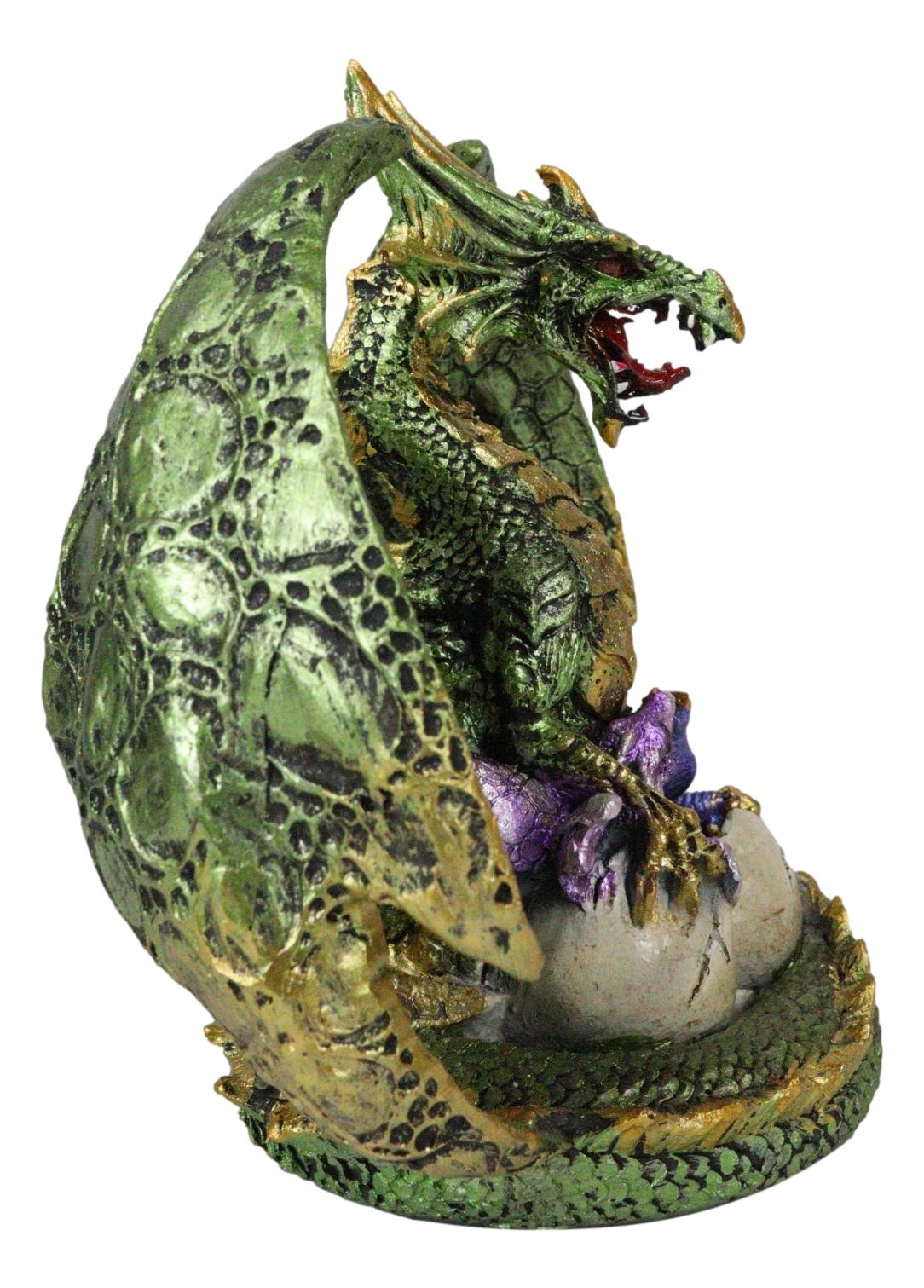 Metallic Green Gold Terra Mother Dragon Guarding 2 Wyrmlings In Eggs Figurine