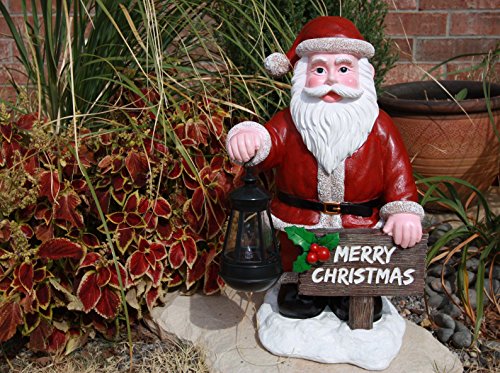 Ebros Jolly Seasons Merry Christmas Santa Claus Holding Greeting Sign Decorative Statue With Solar LED Light Lantern Lamp 16.5"H As Home Patio Welcome Entrance Decor Guest Greeter Figurine - Ebros Gift