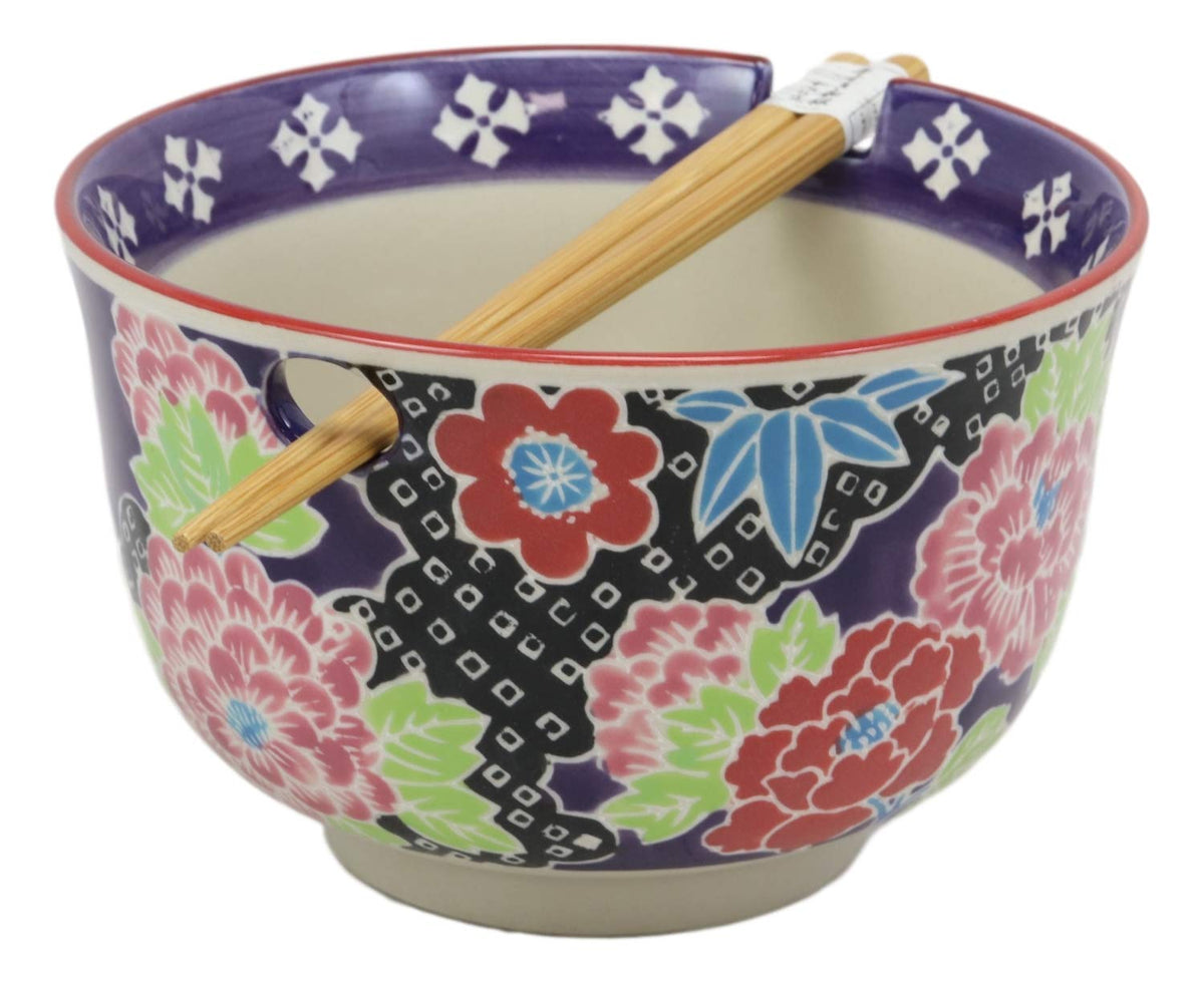Ebros Victorian Colorful Floral Blooms Ramen Udon Noodles Large 6.25" Diameter Soup Bowl With Built In Rest and Bamboo Chopsticks Set for Rice Pasta Salad