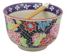 Ebros Victorian Colorful Floral Blooms Ramen Udon Noodles Large 6.25" Diameter Soup Bowl With Built In Rest and Bamboo Chopsticks Set for Rice Pasta Salad