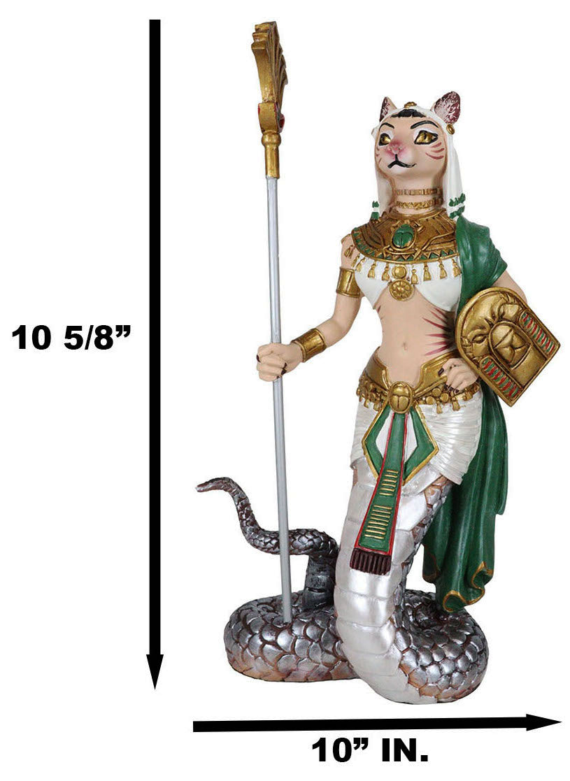 Ebros 11" Tall Colorful Egyptian Feline Goddess Bastet Cat with Slain Snake Apep Tail Holding Spear & Shield Statue 11" H Ubasti Bast Figurine - Ebros Gift