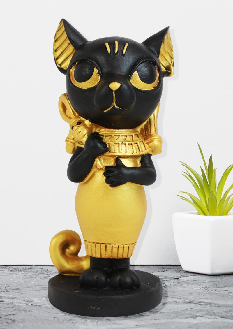Egyptian Goddess Cat Bastet Holding Ankh Black Gold Finish Chibi Small Figurine