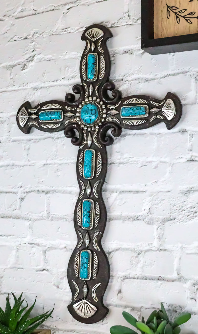 Rustic Western Scroll Art Turquoise Gem Rocks With Silver Clam Shells Wall Cross