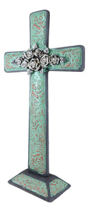 Rustic Western Turquoise Floral Scroll With Silver Roses Standing Cross Statue