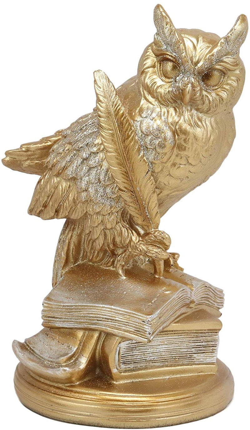 Ebros Golden Owl Of Bibliography Figurine Wisdom Of The Woods Wise Great Horned Owl With a Pen Feather Writing On A Stack Of Scholarly Books Collectible Statue With Glitters Accent Decor Of Owls Theme