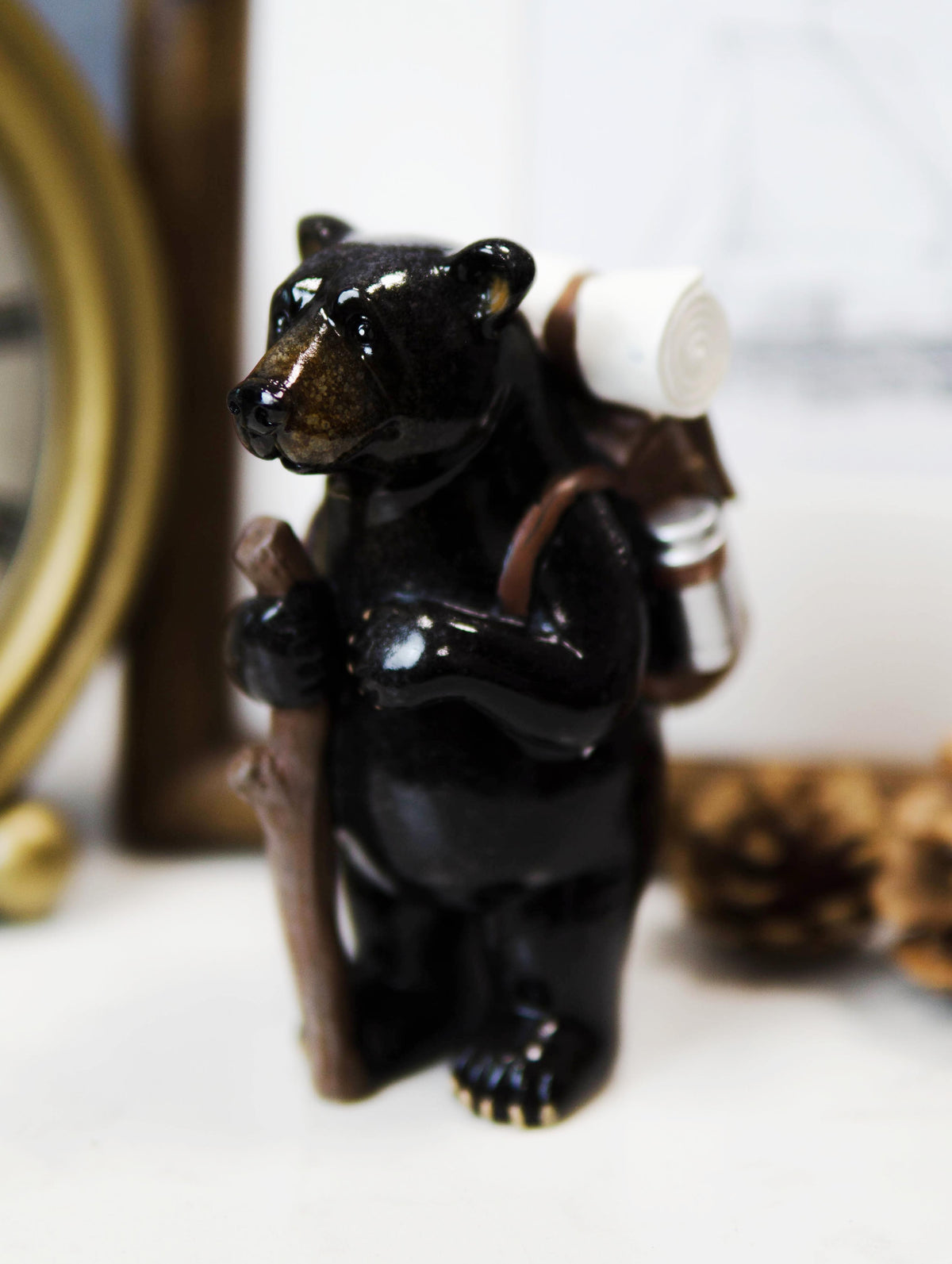 Western Rustic Backpacking Black Bear With Trekking Pole On A Hike Figurine