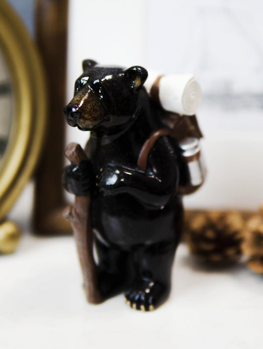 Western Rustic Backpacking Black Bear With Trekking Pole On A Hike Figurine