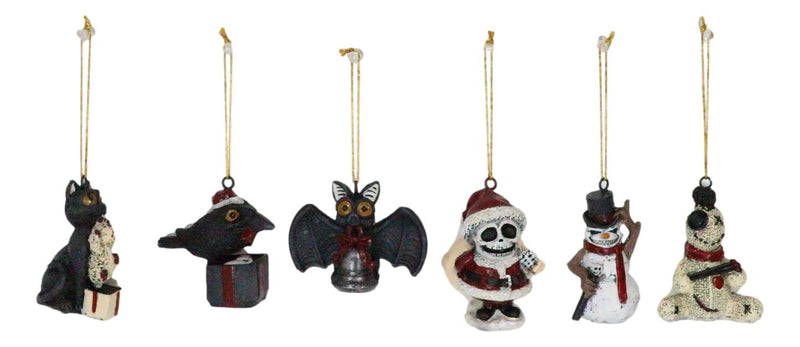 Set Of 6 Scary Merry Christmas Halloween Skeleton Santa Snowman Tree Ornaments