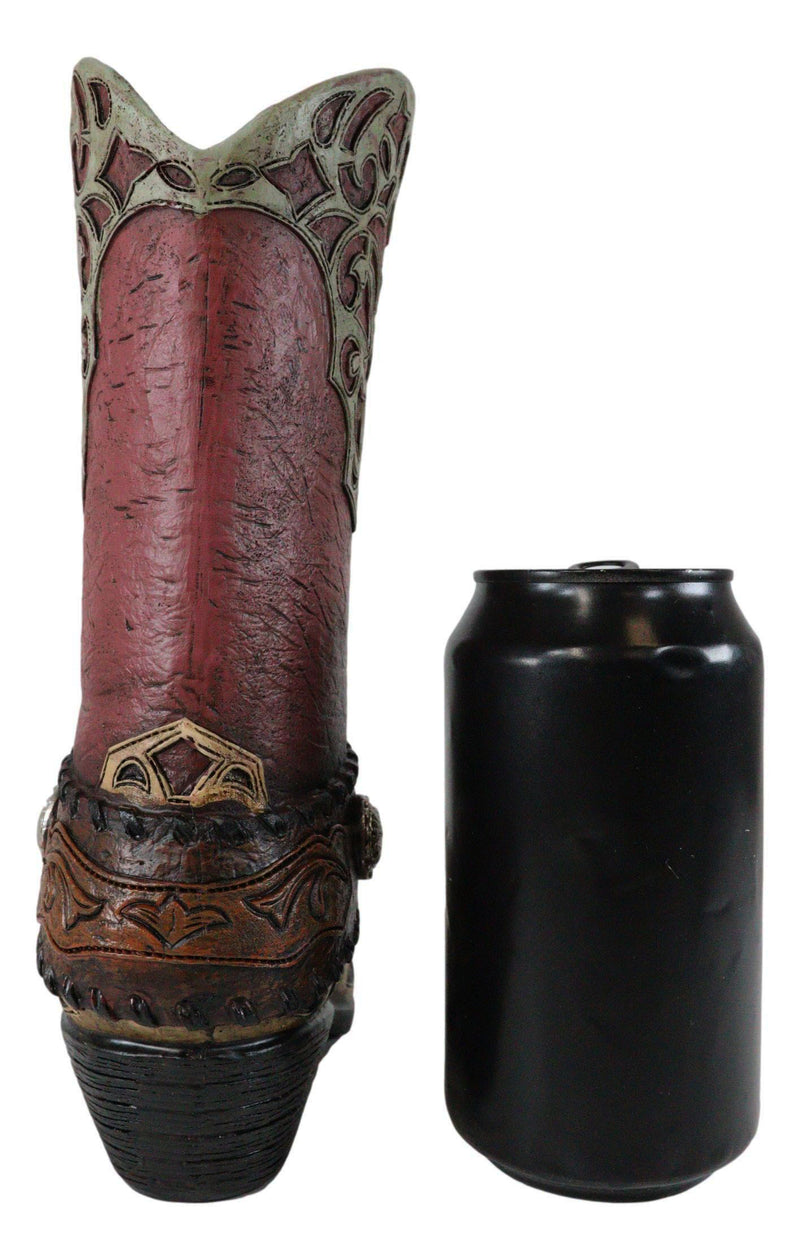 Rustic Western Red Brown Tooled Leather Scroll Lace Patterns Boot Floral Vase