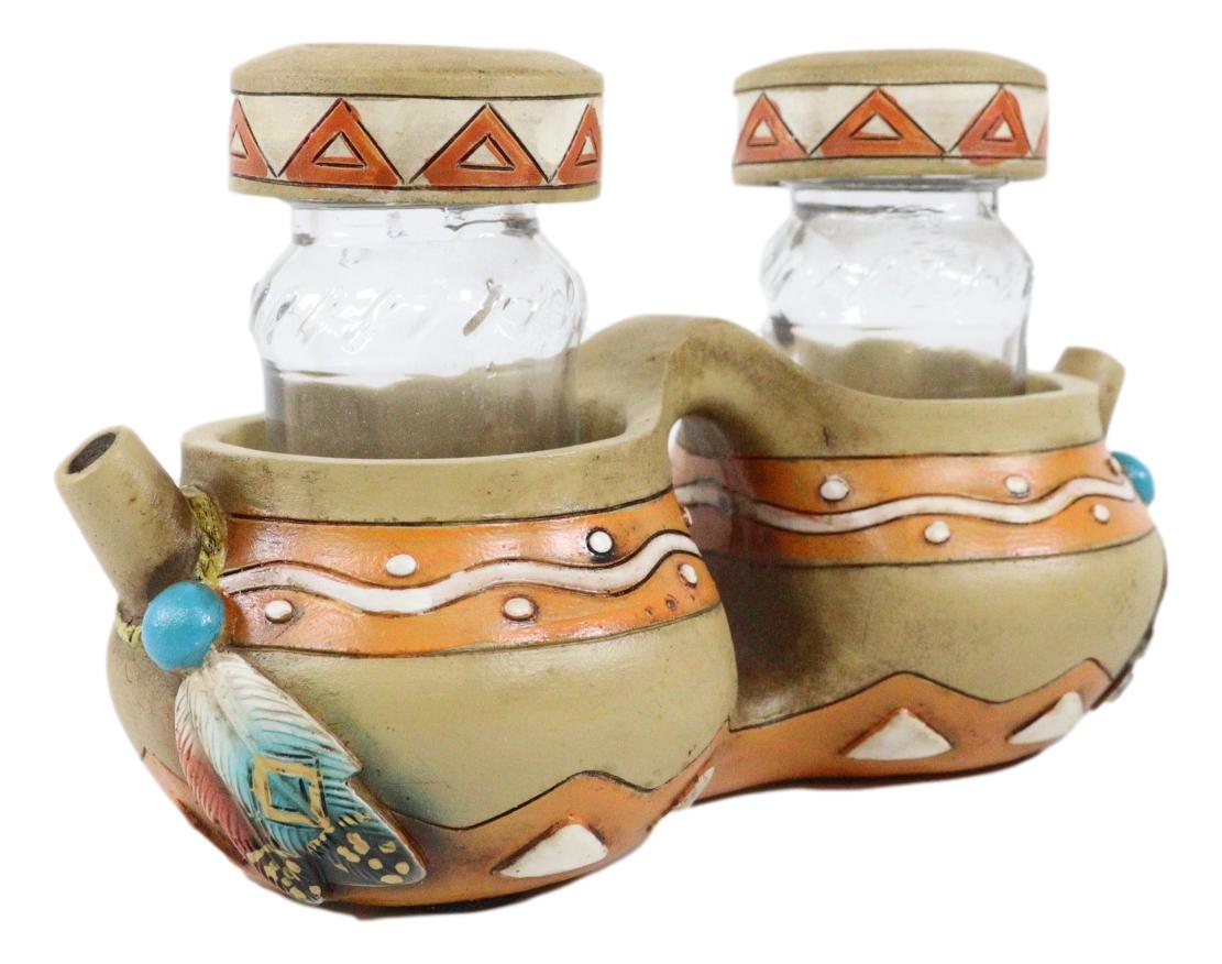 Southwest Indian Turquoise Feathers Pottery Jars Salt And Pepper Shakers Holder - Ebros Gift