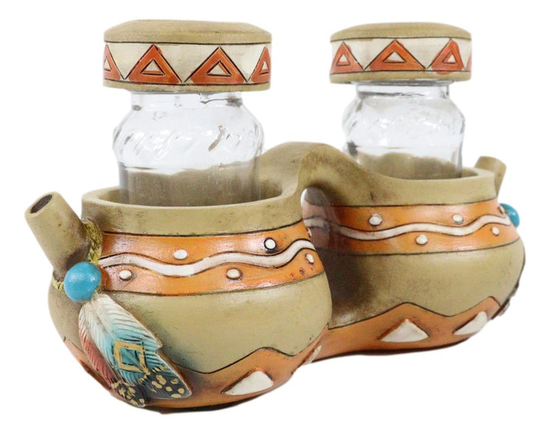 Southwest Indian Turquoise Feathers Pottery Jars Salt And Pepper Shakers Holder