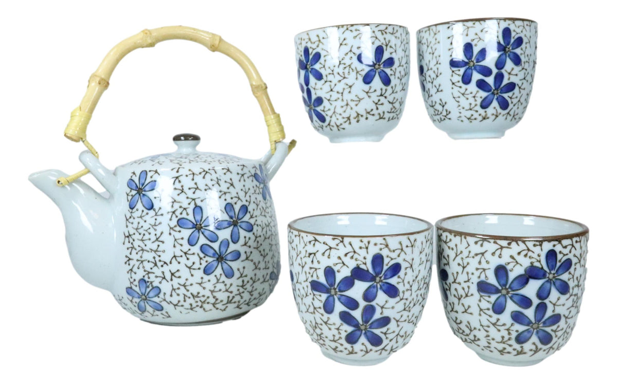 Japanese Blue Cherry Blossom 20oz Ceramic Tea Pot and Cups Set Serves 4 People