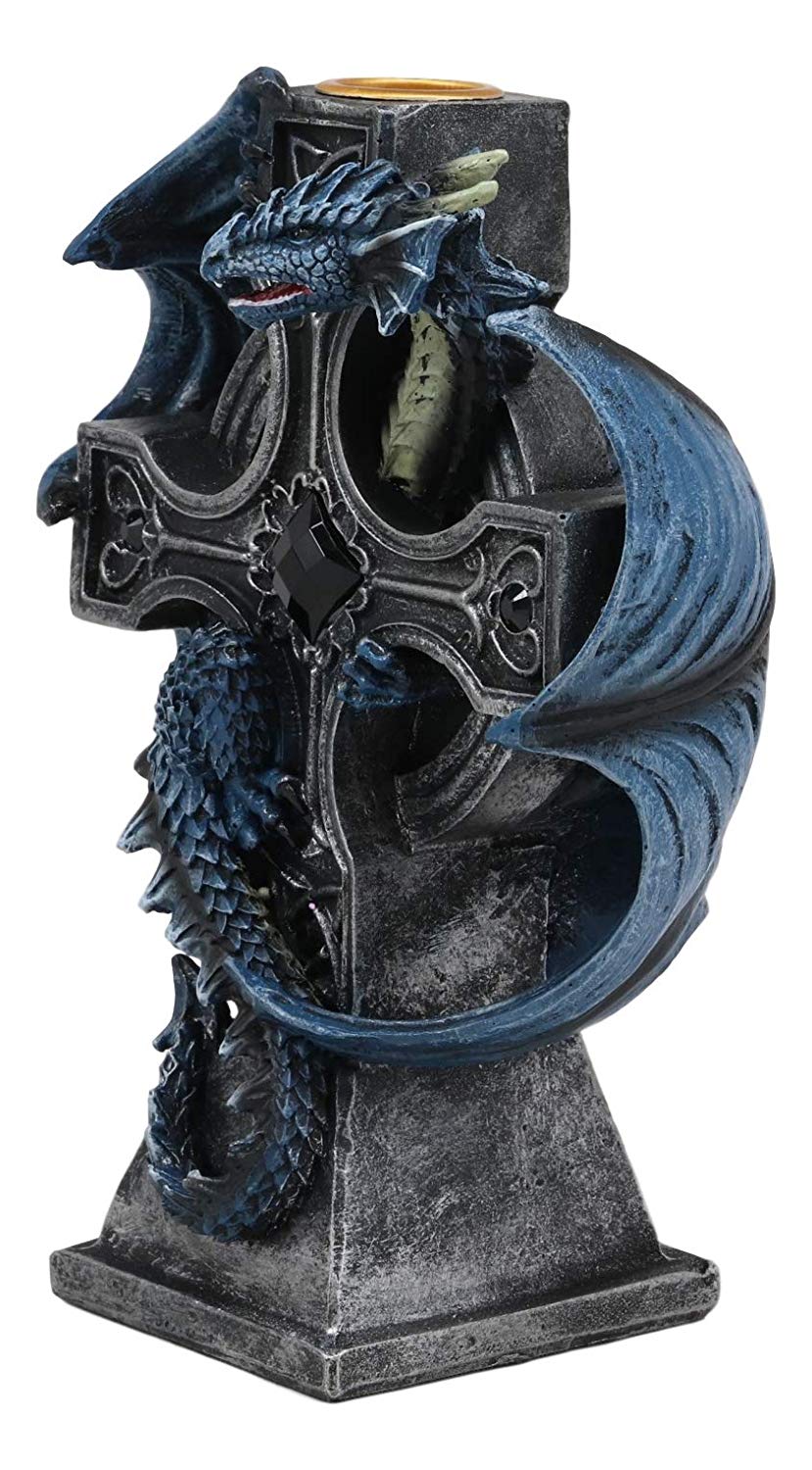 Ebros Gothic Blue Thracian Dragon Altar Drake Cross Candle Holder Figurine 7" Tall Candleholder Statue Medieval Renaissance Fantasy Decor Dungeons and Dragons Accent Centerpiece - Ebros Gift