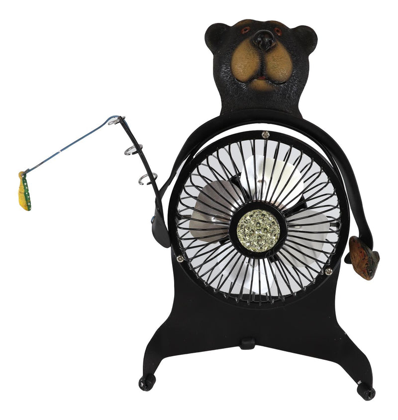 Western Rustic Wildlife Black Bear Fishing USB Portable Desk Fan Figurine