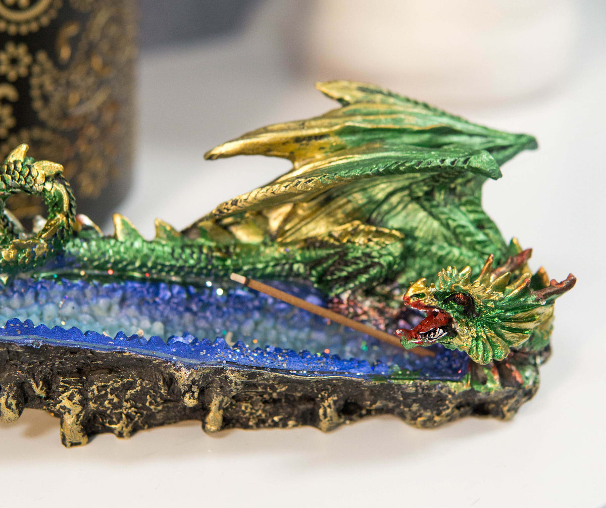 Ebros Green Jade Dragon Guarding Blue Quartz Crystal Quarry River Incense Burner - Ebros Gift