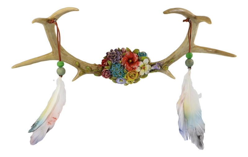 Rustic 8 Point Stag Deer Antlers Flowers And Feathers Rack Wall Hooks Plaque
