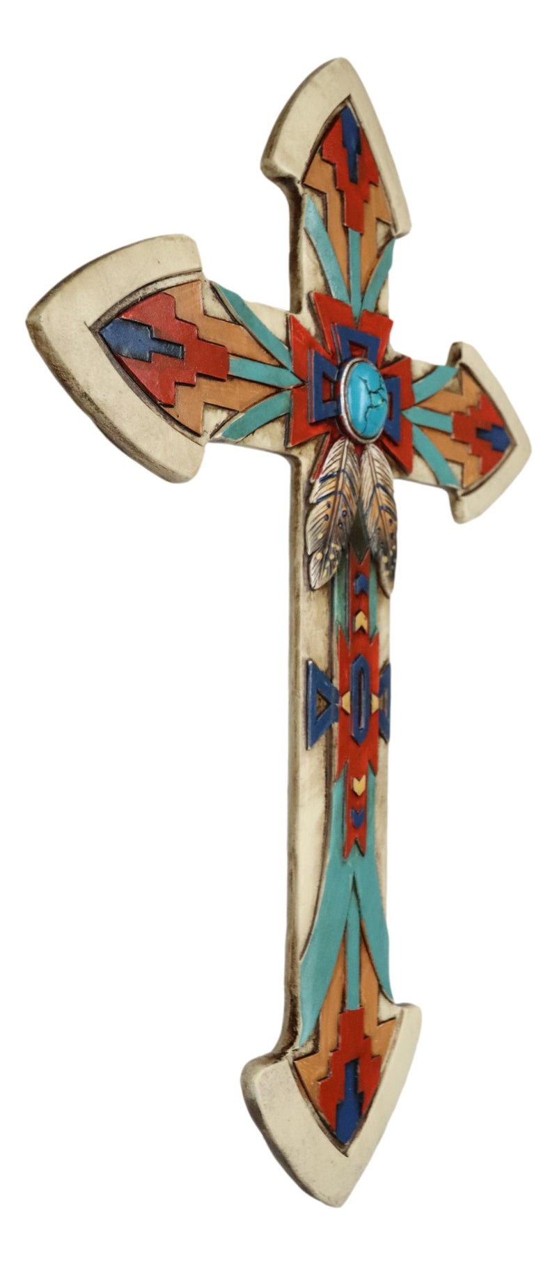 Rustic Southwest Indian Navajo Vector Feathers And Turquoise Rock Wall Cross
