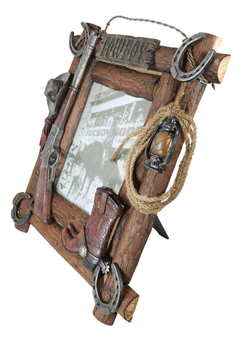 Rustic Western Cowboy Hat Rifle Boot Spur Horseshoes Lasso Ropes Picture Frame