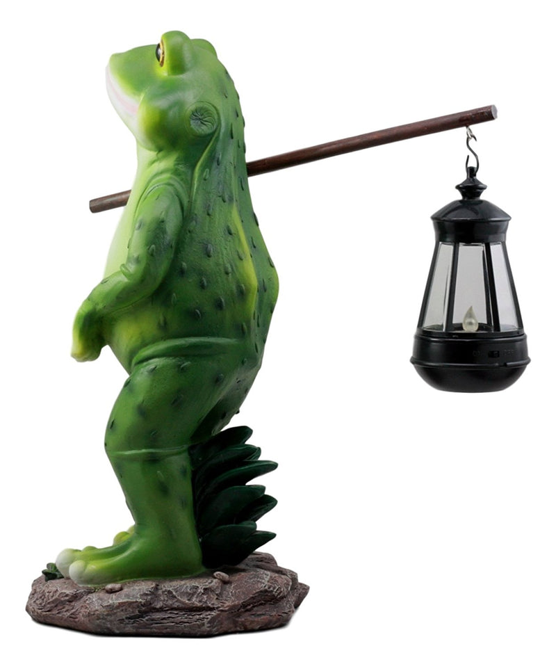 Ebros Blue Bayou Trails Hiking Frog Statue Holding Rod With Solar Powered Lantern LED