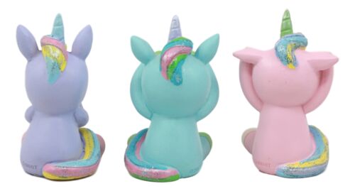 Whimsical See Hear Speak No Evil Rainbow Unicorn Figurine Set Of Three 2.75"Tall