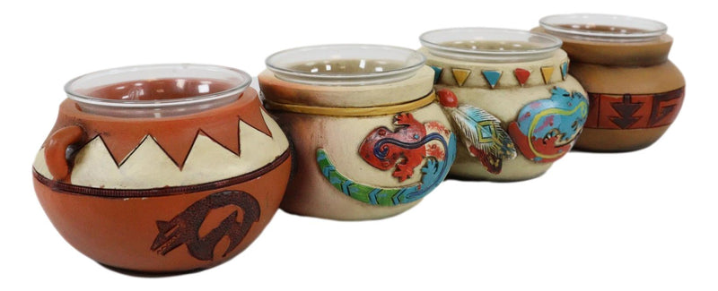 Southwest Pueblo Aztec Symbols Jars 4 Votive Tea Light Candles Holder Sculpture