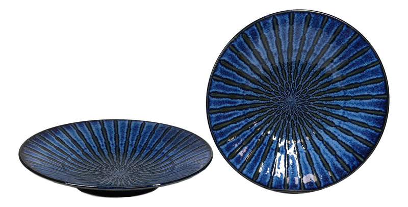 Japanese Blue Cascading Water Reduction Glazed Ceramic Shallow Bowls Pack Of 2