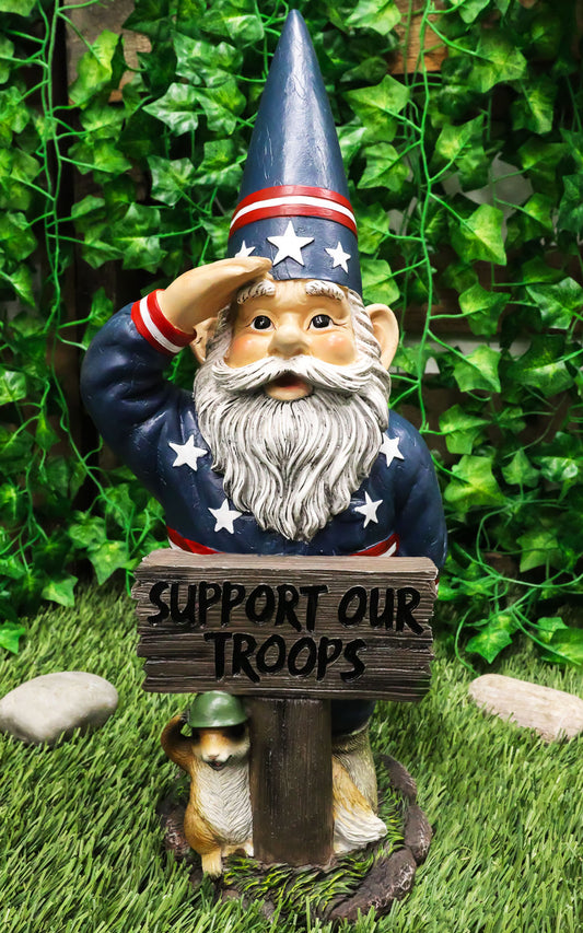 Ebros Gift 17" Tall Americana USA Patriotic Gnome with Pet Squirrel in Military Salute Statue with Support Our Troops Sign American Flag Uniform Druid Dwarf Home Garden Patio Lawn Figurine - Ebros Gift