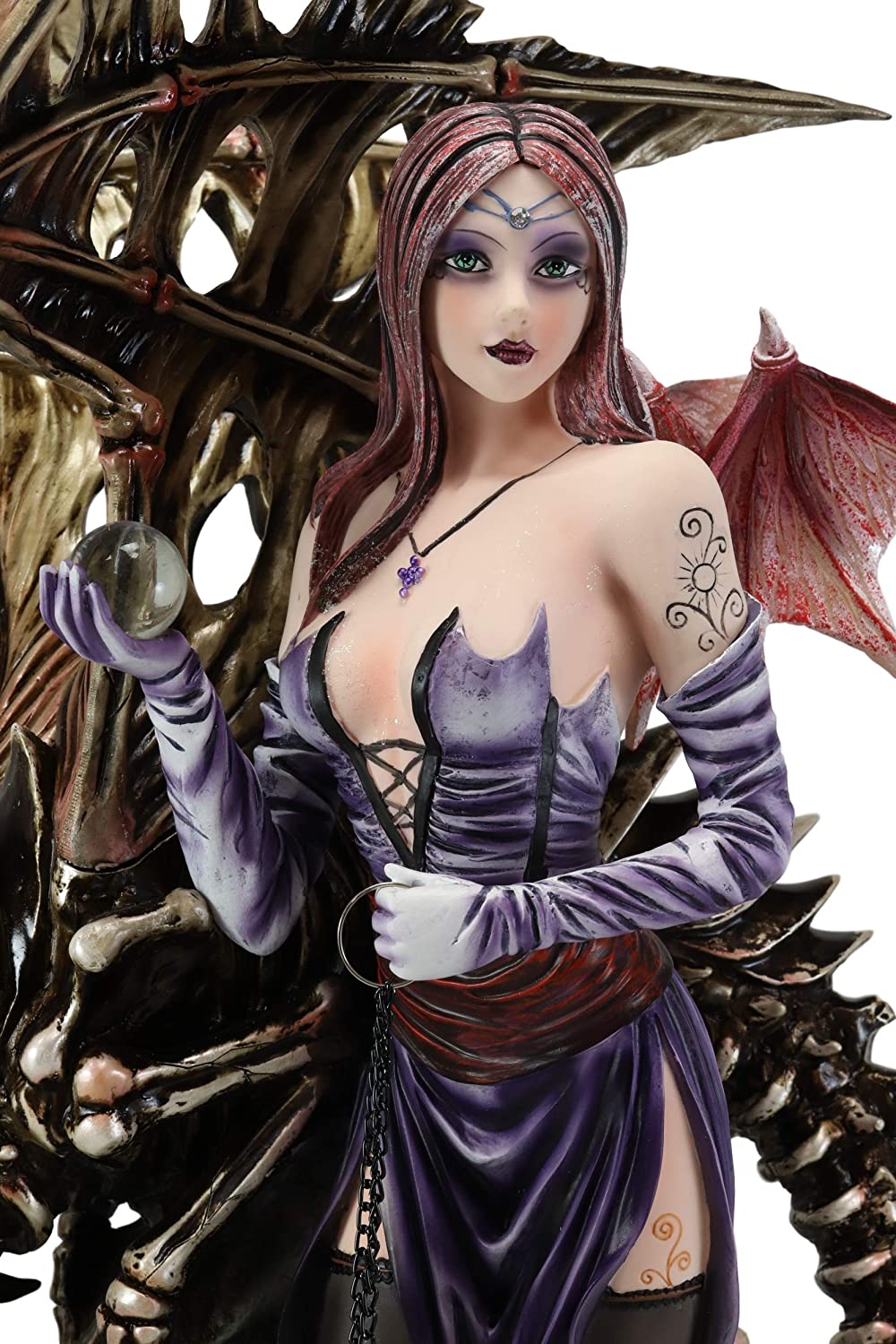 Large 26"H Gothic Soothsayer Psychic Fairy & Bone Skeletal Ghost Dragon Statue