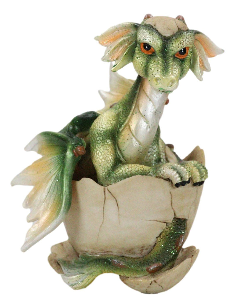 Fantasy Sulky Green Baby Dragon Hatchling Emerging From Egg Mini Figurine