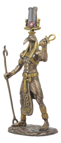 Bronzed Egyptian God Of Technology Ibis Headed Thoth Holding Was And Ankh Statue