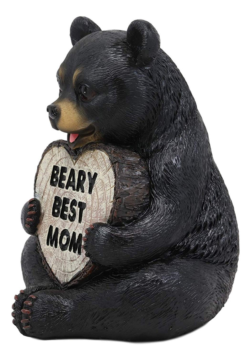 Whimsical Forest Black Bear Holding Heart Sign Saying "Beary Best Mom" Statue