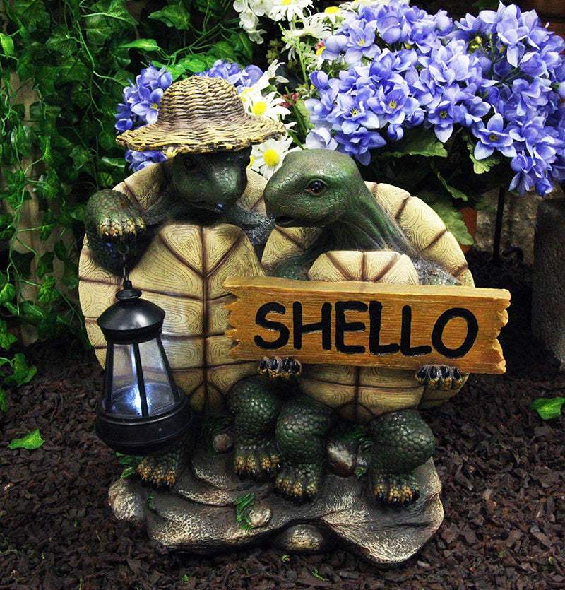 Ebros Tortoise Lovers Solar LED Lantern Light SHELLO Greeting Sign Statue 15"H