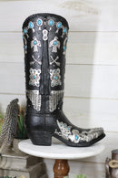 Southwestern Turquoise Silver Aztec Symbols Cowboy Boot Vase Planter Figurine