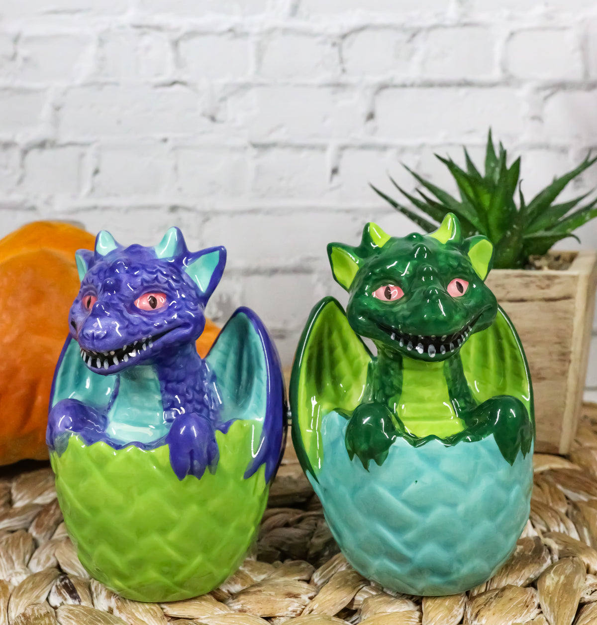 Green And Blue Dragon Hatchlings In Half Cracked Eggs Salt Pepper Shakers Set - Ebros Gift