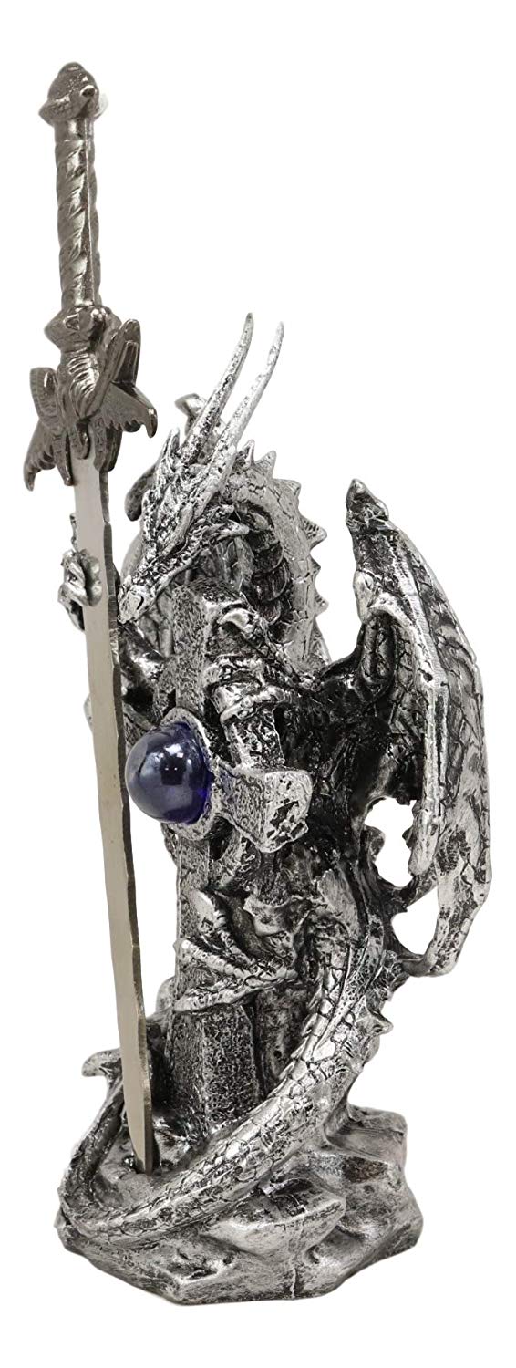 Ebros Gift Legendary Silver Dragon Guardian of The Celtic High Cross Letter Opener Figurine Sculpture Home and Office Decorative Sculpture Medieval Renaissance Dungeons and Dragons Fantasy - Ebros Gift