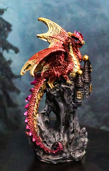 Metallic Crimson Red Dragon Guarding Castle Tower On Mountain