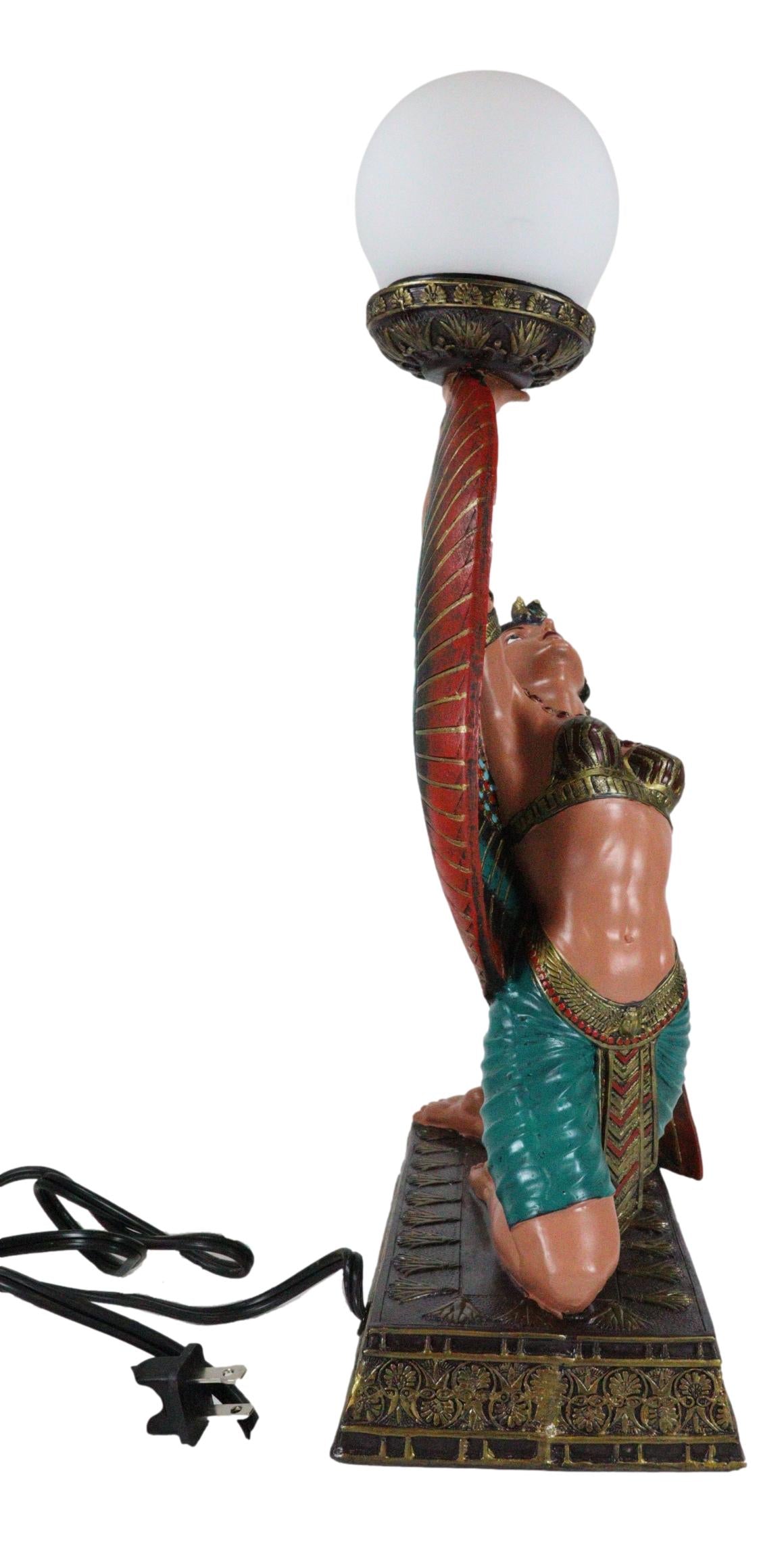 Egyptian Winged Goddess Isis Dancing Side Table Glass Orb Sphere Lamp Statue