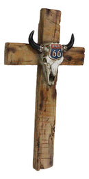 Rustic Western Cow Skull Nostalgic Route 66 Highway Sign Faux Wooden Wall Cross