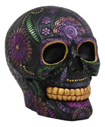 Ebros Black Day of The Dead Floral Blooms Sugar Skull Figurine Skulls 6  Long 
