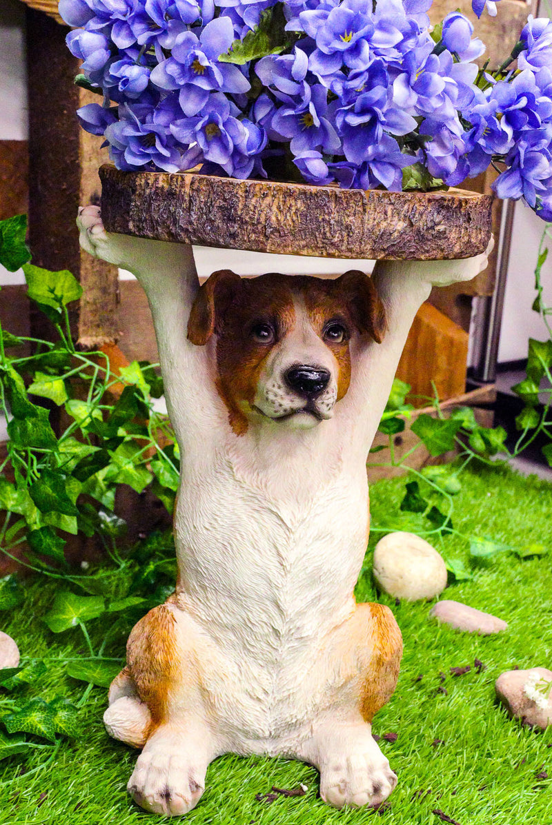 Adorable Mutt Dog Puppy Pooch Holding Faux Wood Slice Table Stand Figurine
