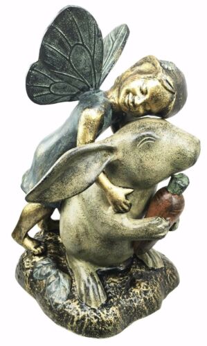 Joyful Girl Fairy With Whimsical Rabbit In Wonderland Statue Elegant Home Garden