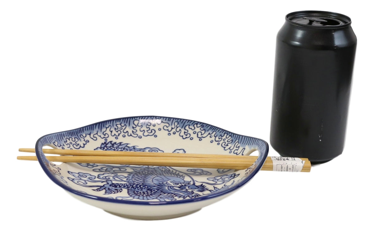 Blue Feng Shui Dragon Small Appetizer Coupe Plate Flat Bowl With Chopsticks Set - Ebros Gift