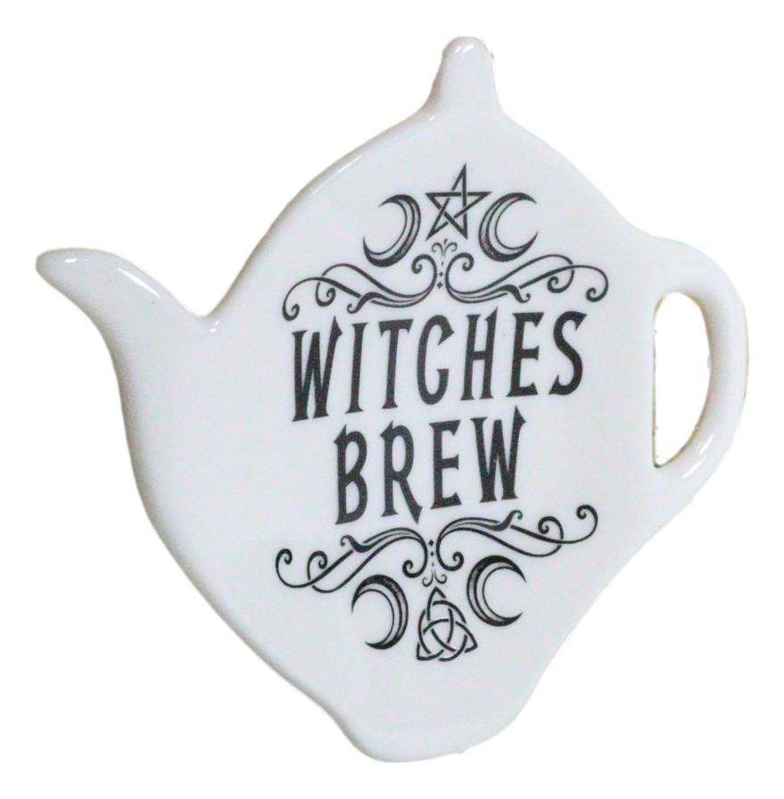 Ebros Wicca Pentagram Moons Witches Brew Hex Ceramic Tea Spoon / Bag Holder Rest Plate