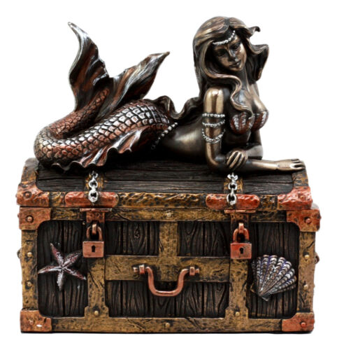 Bronzed Mermaid Nerida Resting On Sunken Treasure Jewelry Box Figurine 5.25"L
