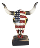 Western Old Faithful Patriotic USA American Flag Cow Skull Desktop Plaque Statue