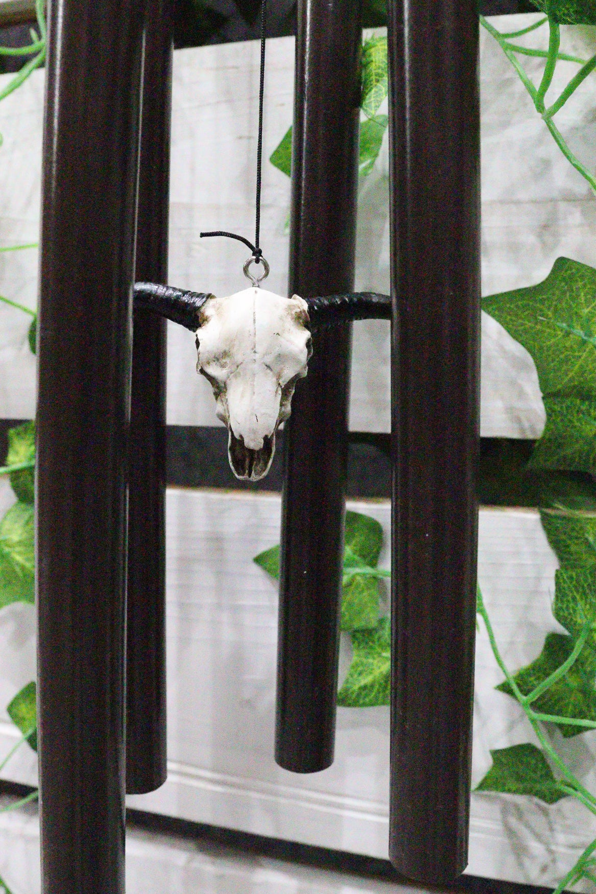 Southwest Rustic White Faux Wood Cow Skull With Floral Succulents Wind Chime