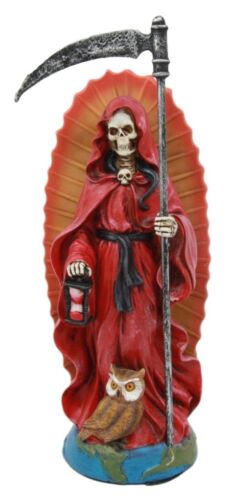 Holy Death Santa Muerte Holding Scythe In Red Tunic Robe Day of The Dead Statue