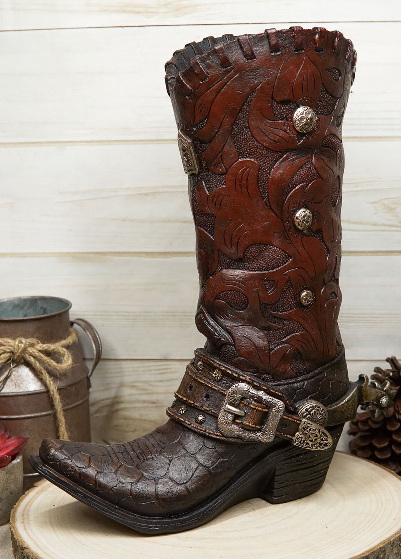 Rustic Western Cowboy Boot With Floral Concho And Spur Vase Planter Figurine 13"